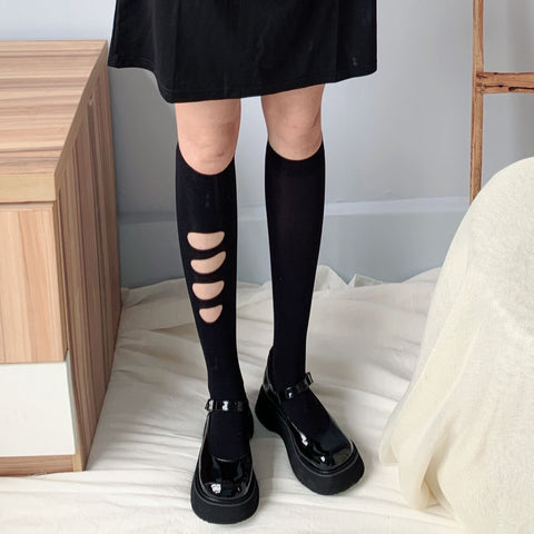 Black Ripped Velvet Tube Socks