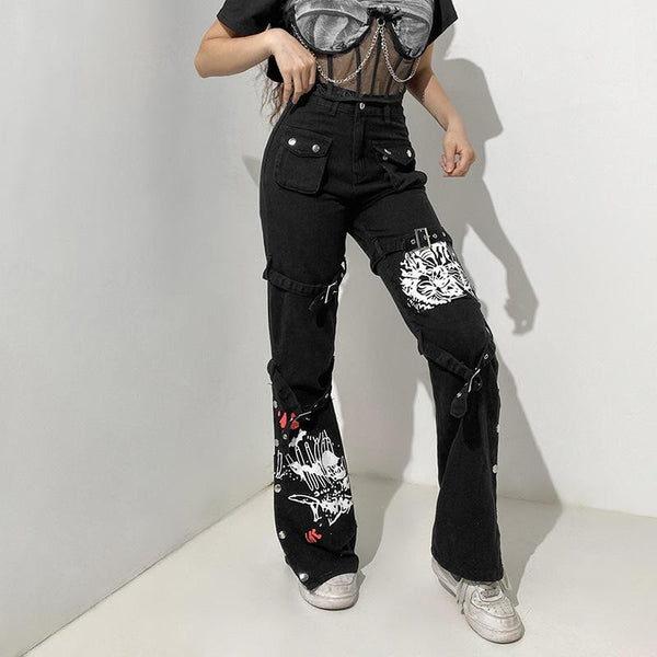 Punk Metal Buckle Printed Jeans