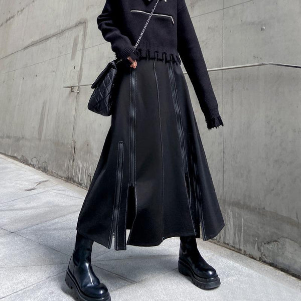 Dark Black Zipper Slit A-line Skirt