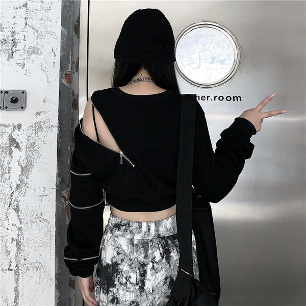 Dark Design Zipper Off-shoulder Sweatshirt