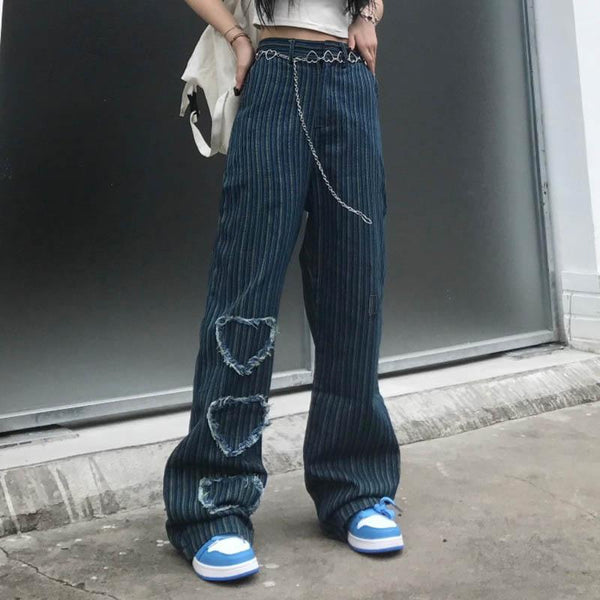 Retro Vertical Striped Love Jeans