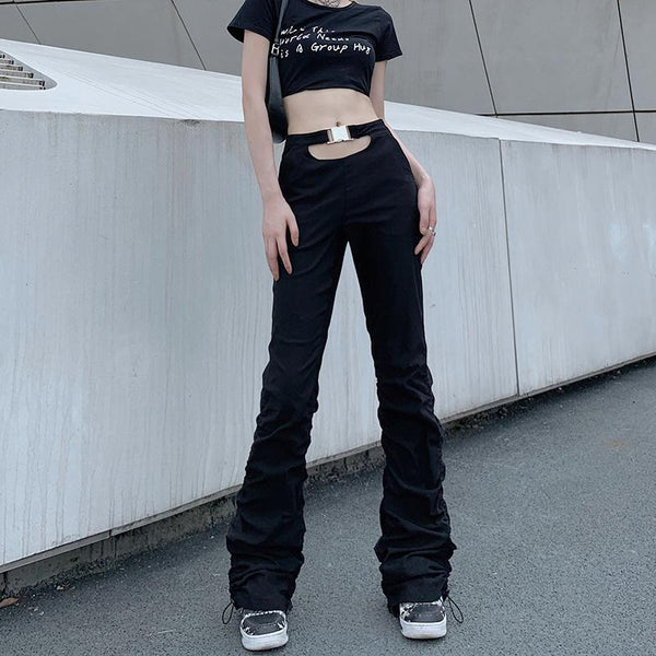 Metal Buckle Cutout Pleated Pants