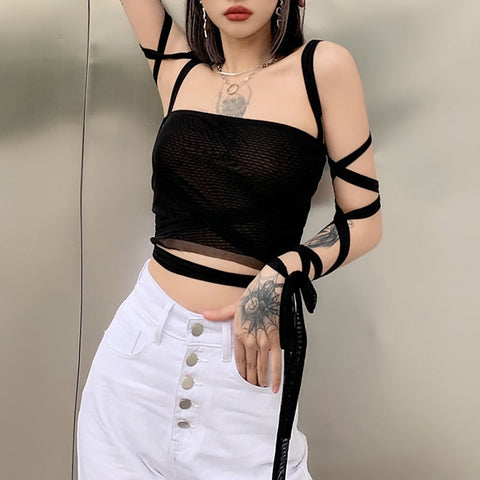 Gothic Cyberpunk Mesh Lace Up Crop Top