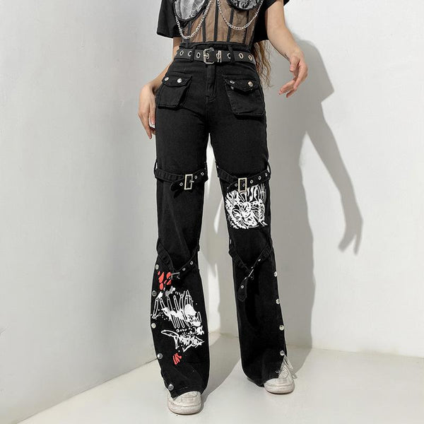 Punk Metal Buckle Printed Jeans