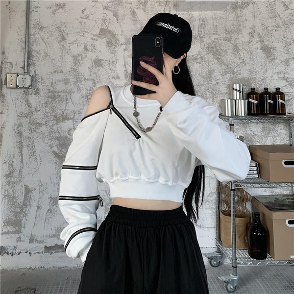 Dark Design Zipper Off-shoulder Sweatshirt