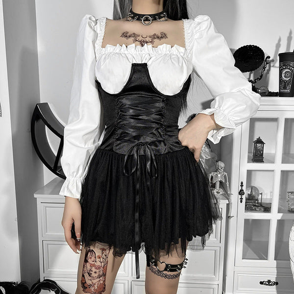 Dark Tie-Belt Mesh Skirt