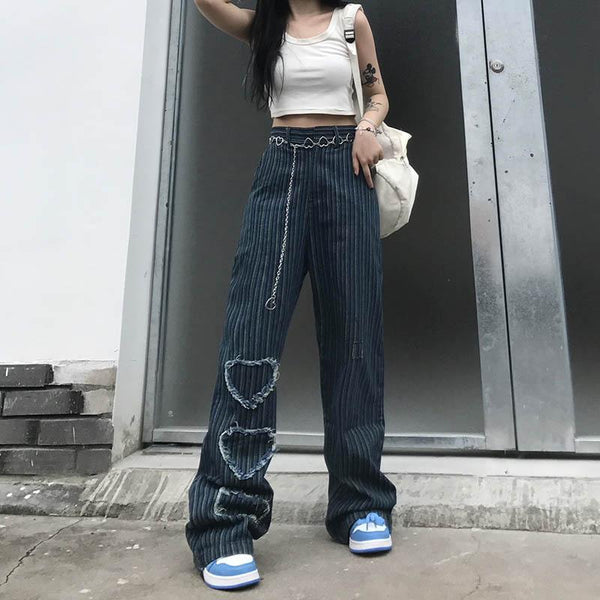 Retro Vertical Striped Love Jeans