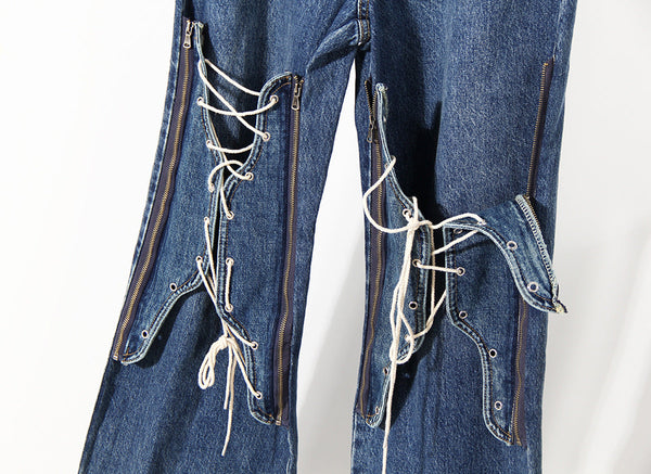 Blue Lace-Up Slightly Flared Jeans