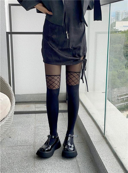 Dark Grid Stitching Stockings