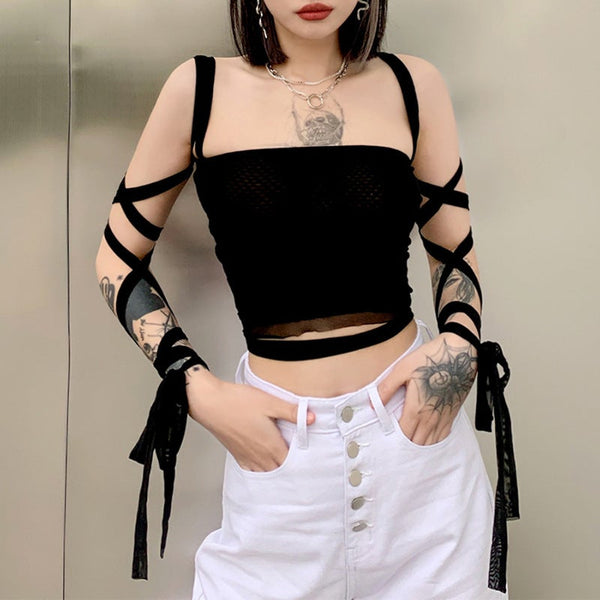 Gothic Cyberpunk Mesh Lace Up Crop Top