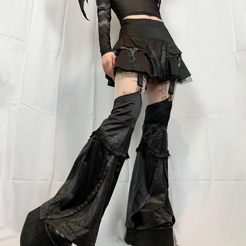 Gothic Leather-Paneled Mesh Skirt With Leg Warmer