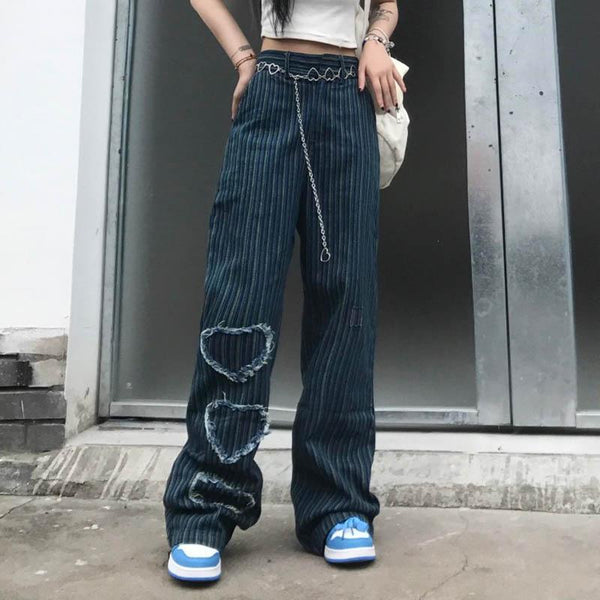 Retro Vertical Striped Love Jeans