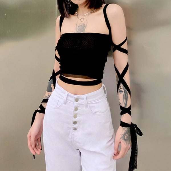 Gothic Cyberpunk Mesh Lace Up Crop Top