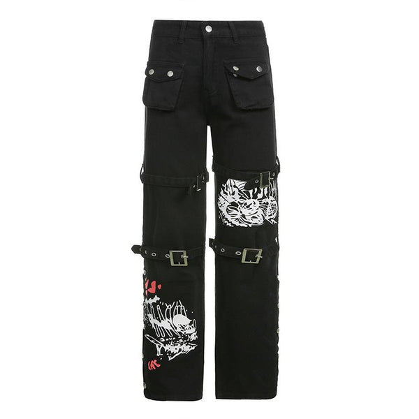 Punk Metal Buckle Printed Jeans