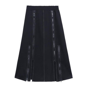 Dark Black Zipper Slit A-line Skirt