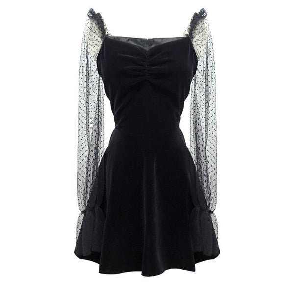 Mesh Puffed Sleeve A-Line Dress