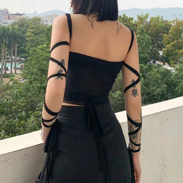 Gothic Cyberpunk Mesh Lace Up Crop Top