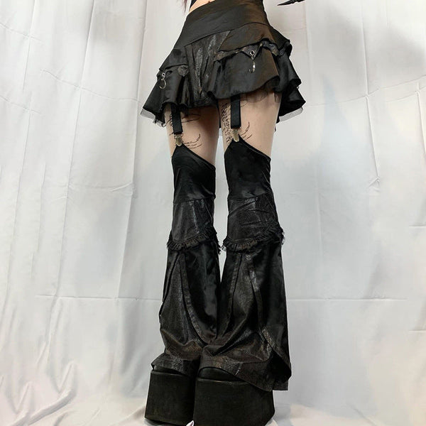 Gothic Leather-Paneled Mesh Skirt With Leg Warmer