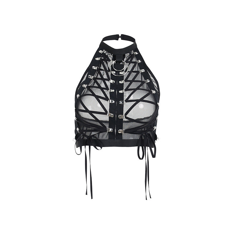 Lace-up Mesh See-Through Halter Top