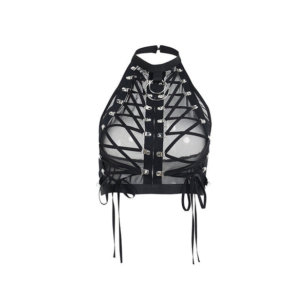 Lace-up Mesh See-Through Halter Top