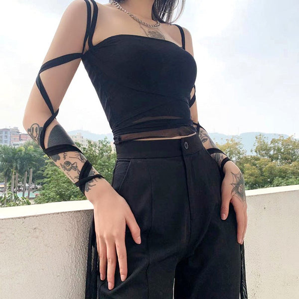 Gothic Cyberpunk Mesh Lace Up Crop Top