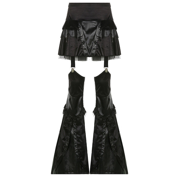 Gothic Leather-Paneled Mesh Skirt With Leg Warmer