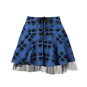 Dark Plaid Mesh Lace-up Skirt