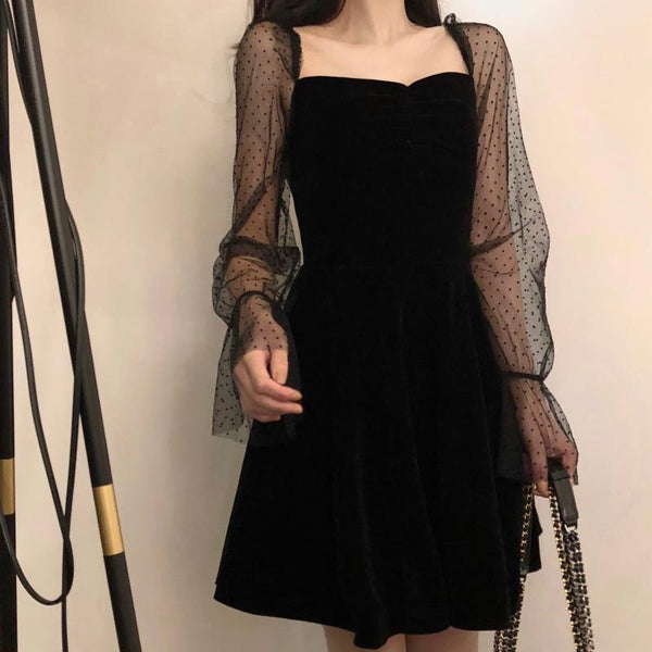 Mesh Puffed Sleeve A-Line Dress