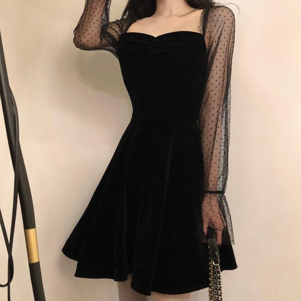 Mesh Puffed Sleeve A-Line Dress