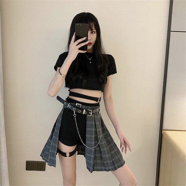 Gothic Irregular High Waist Plaid Skirt