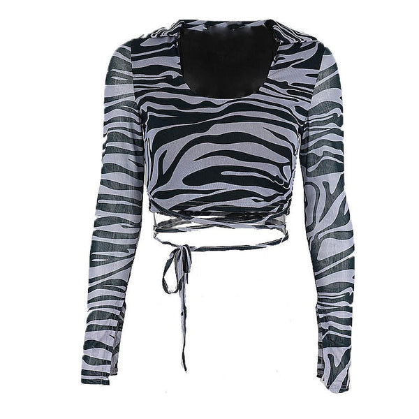 Women's U-neck fashion striped print design waistband long-sleeved T-shirt