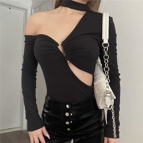 One Shoulder Long Sleeve Cropped Tee Shirt Irregular Collar Halter | COLORYME.COM