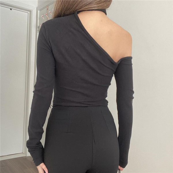 One Shoulder Long Sleeve Cropped Tee Shirt Irregular Collar Halter | COLORYME.COM