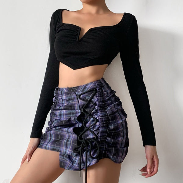 Drawstring Tie Pleated Skirt Summer New Checked Mini Skirt|COLORYME.COM