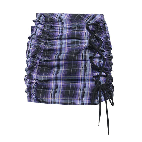 Drawstring Tie Pleated Skirt Summer New Checked Mini Skirt|COLORYME.COM