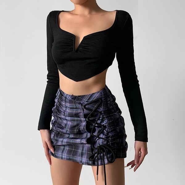 Drawstring Tie Pleated Skirt Summer New Checked Mini Skirt|COLORYME.COM