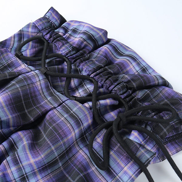 Drawstring Tie Pleated Skirt Summer New Checked Mini Skirt|COLORYME.COM