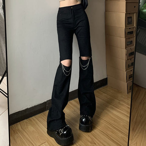 Dark Black Split Hollow Chain Casual Pants|COLORYME.COM