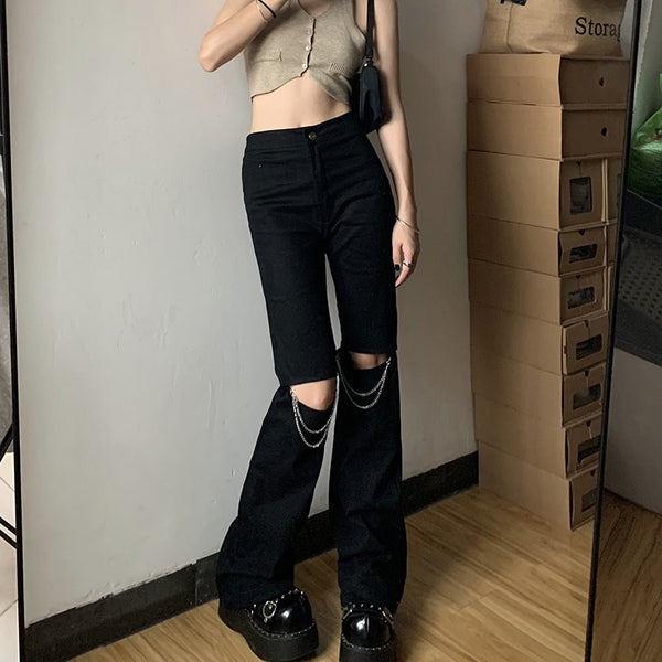 Dark Black Split Hollow Chain Casual Pants|COLORYME.COM