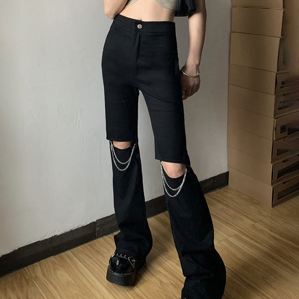 Dark Black Split Hollow Chain Casual Pants|COLORYME.COM