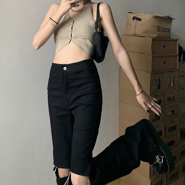 Dark Black Split Hollow Chain Casual Pants|COLORYME.COM