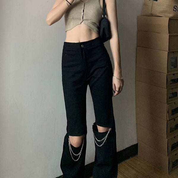 Dark Black Split Hollow Chain Casual Pants|COLORYME.COM