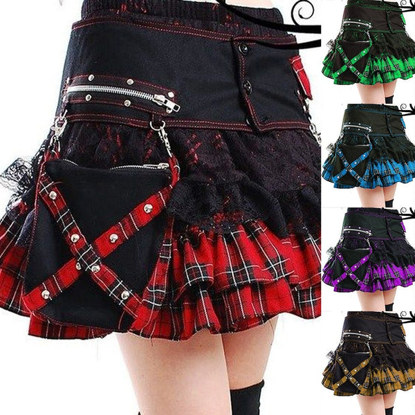 Lace stitching skirt new plaid skirt with waist bag |COLORYME.COM