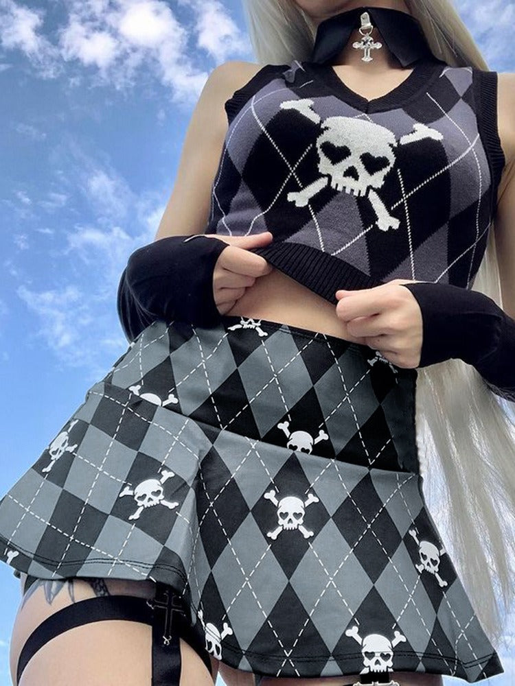 Skull Check Print Skirt|COLORYME.COM