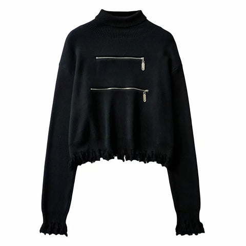 High waist zipper tassel sweater