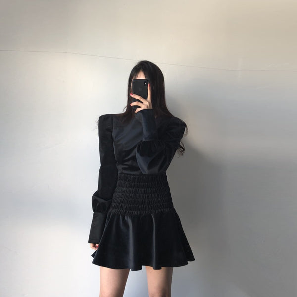 Dark puff sleeve velvet pleated slim dress