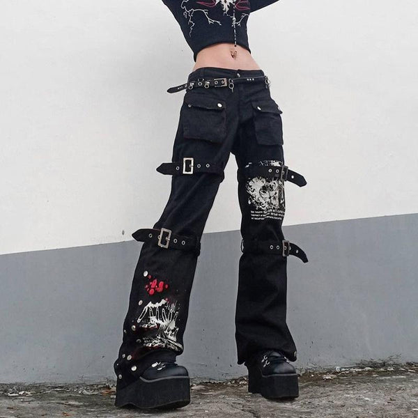 Punk Metal Buckle Printed Jeans