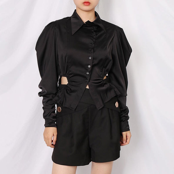 Retro Lapel Puff Sleeve Top