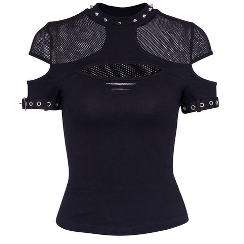 Mesh Hollowout Rivets T-Shirts