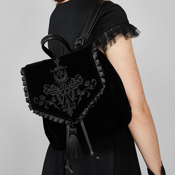 Magic Embroidered Black Velvet Backpack